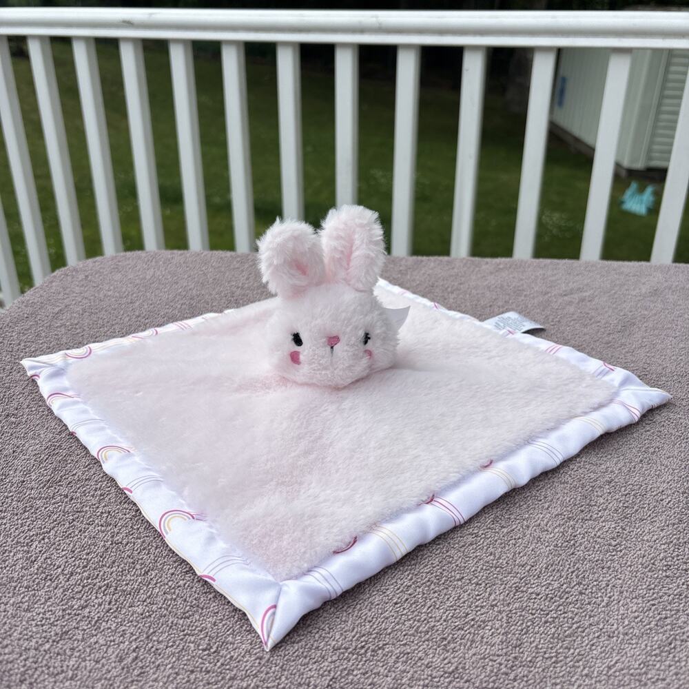 Parents Choice Pink Bunny Rabbit Rainbows Security Blanket Lovey Satin Toy